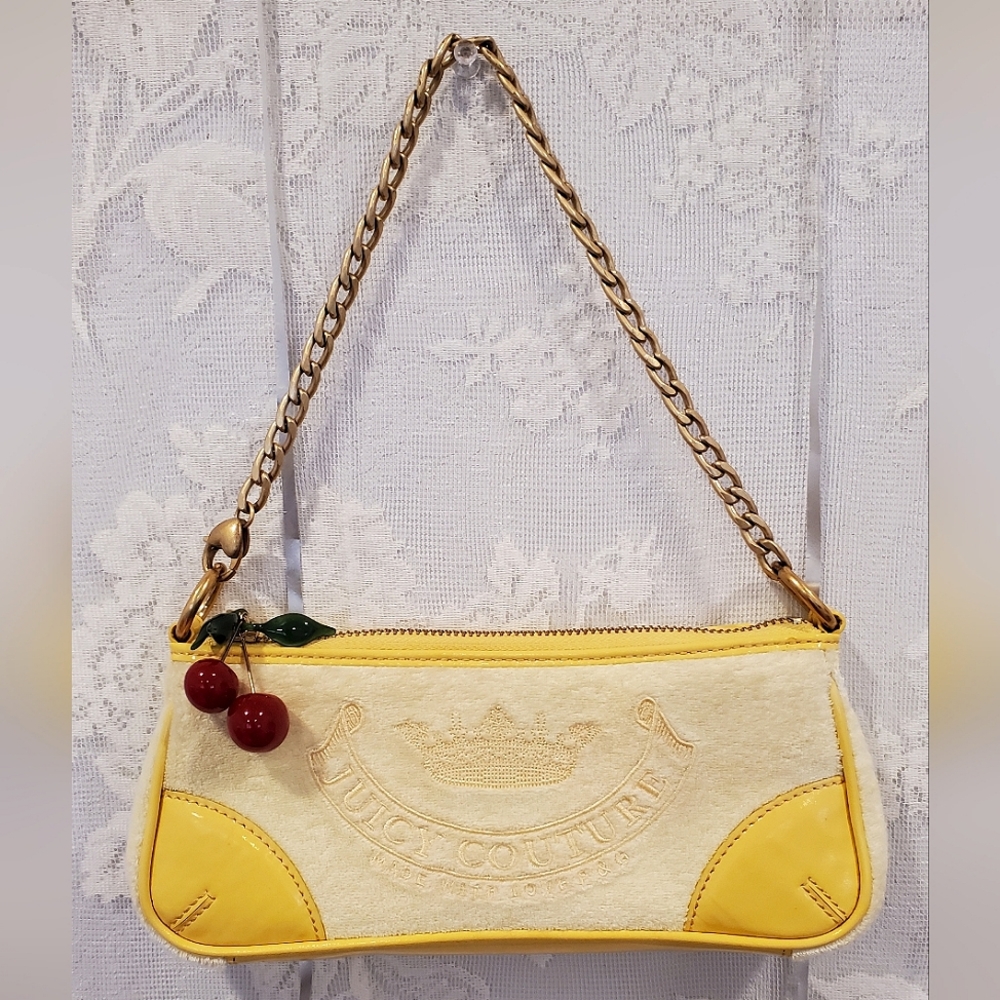 Vintage Y2K Juicy Couture Yellow Terry Cloth Shoulder Bag with Chain Cherry 🍒